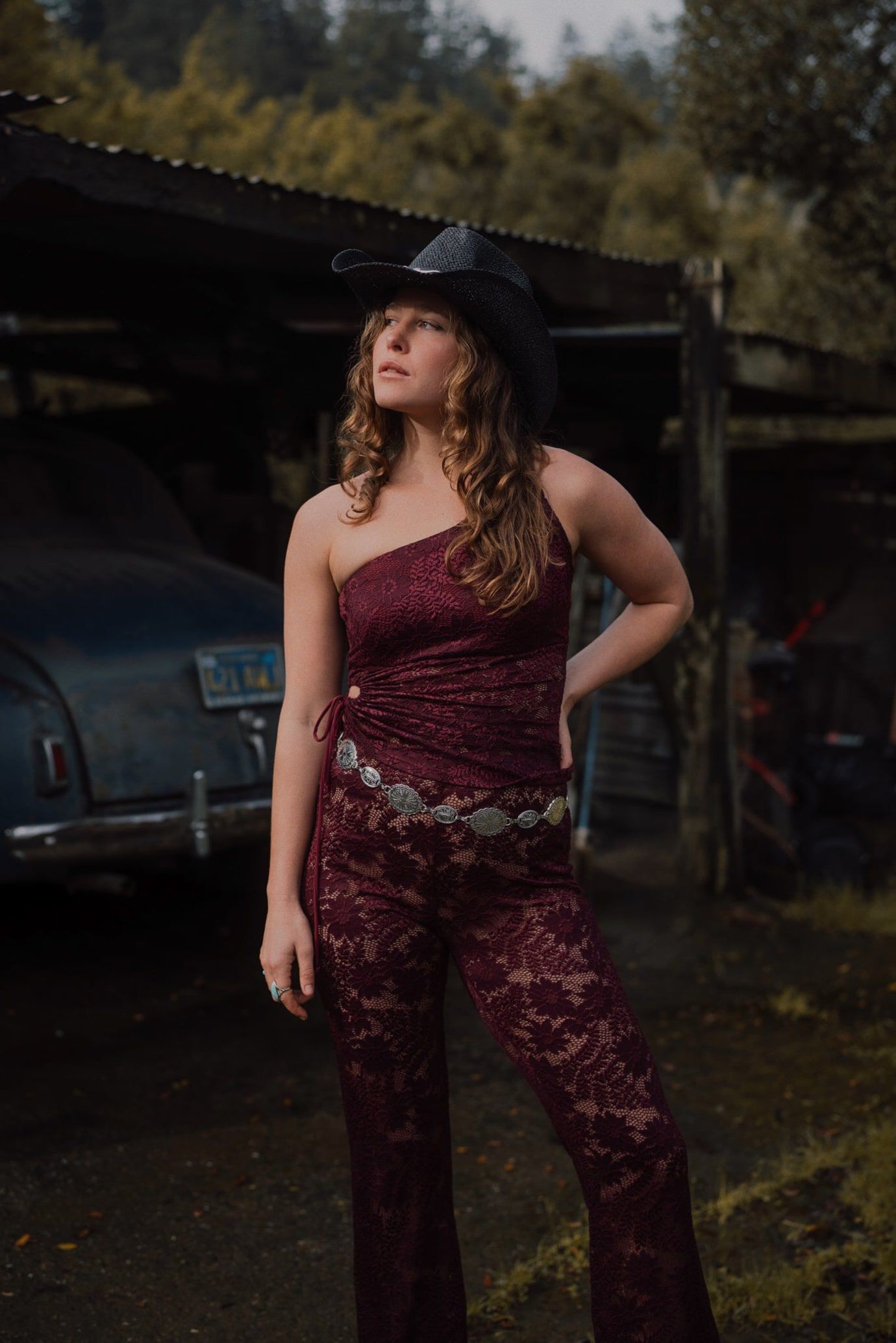 Carolina Lace One-Shoulder Top, Wine / Burgundy, alternate image number 1