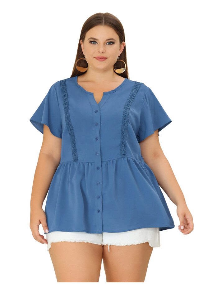 Button Down V Neck Blouse Shirt Short Sleeve Flare Peplum Top, Dark Blue / Navy, hi-res image number 0