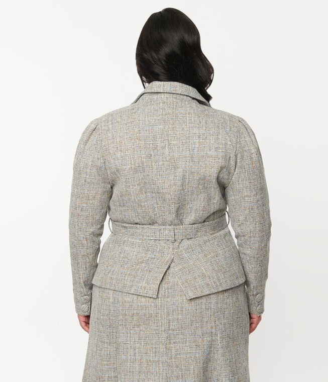 Unique Vintage Beige & Baby Blue Tweed Belted Jacket, , alternate image number null