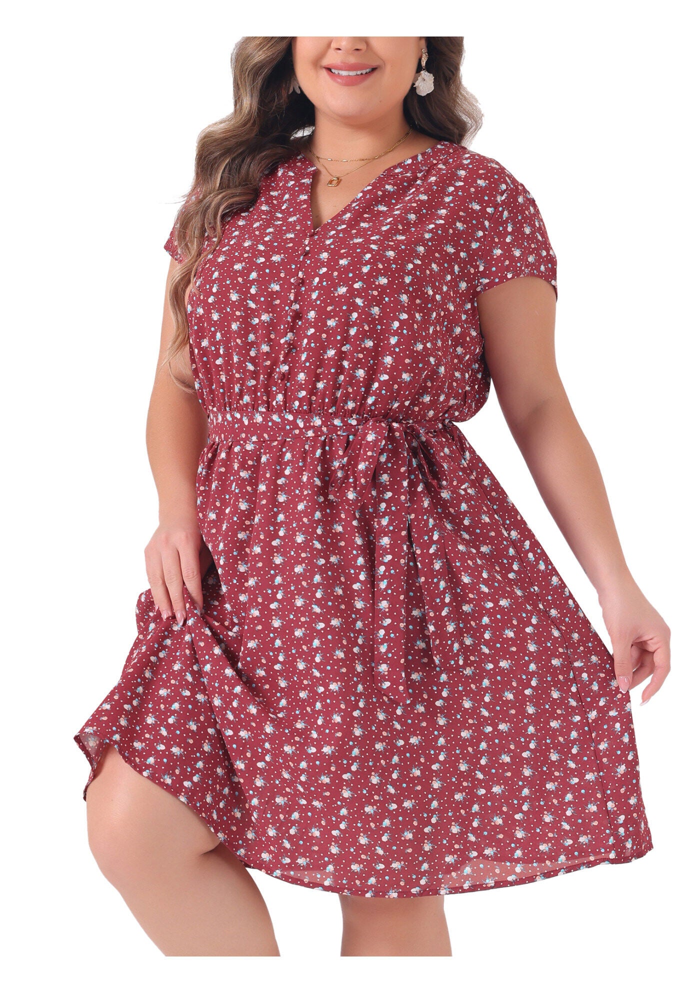 V Neck Belted Summer Floral Dress, Red / Red, alternate image number 2