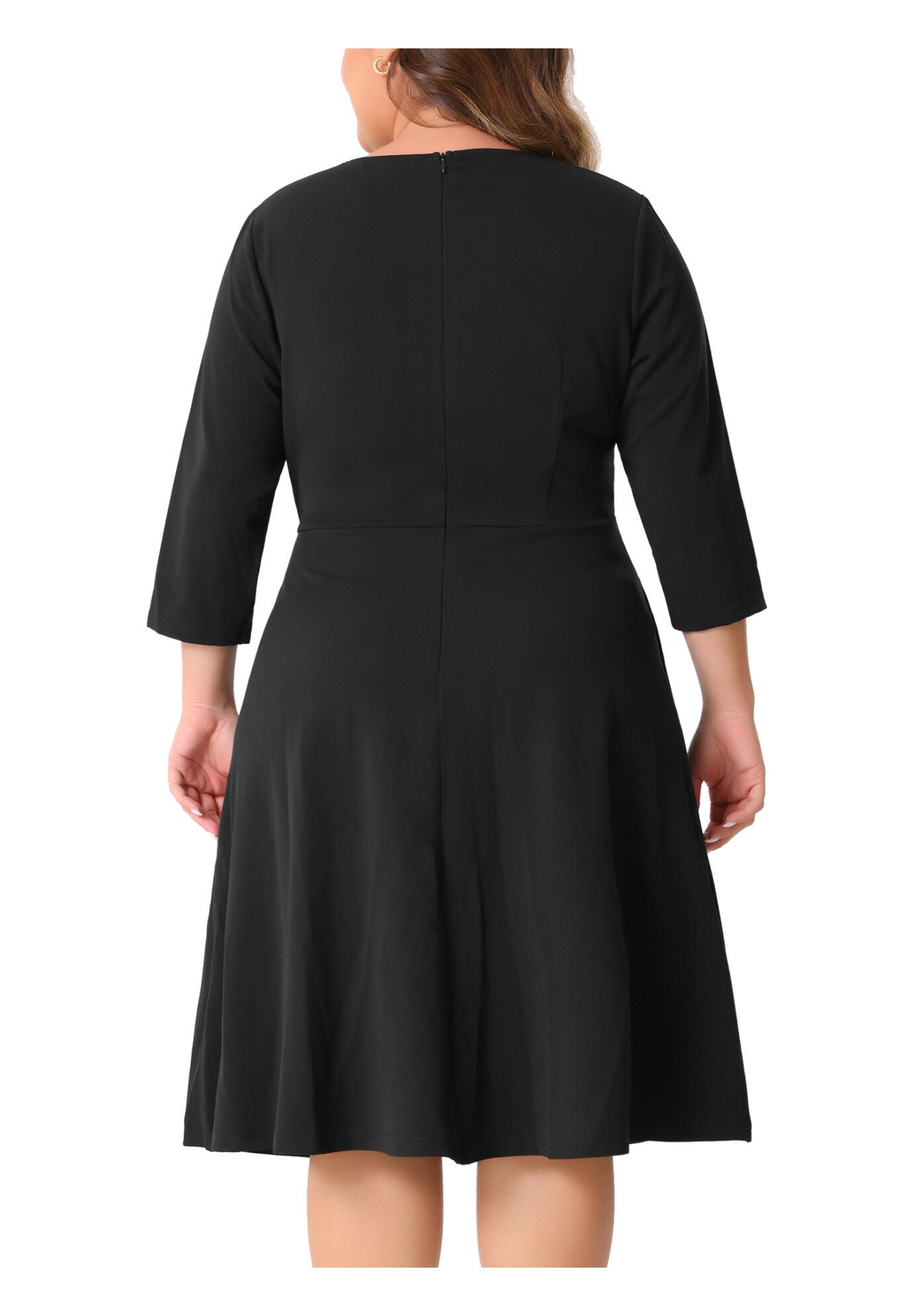 Notched V Neck 3/4 Sleeve A-Line Midi Dress, Black / Black, alternate image number 3