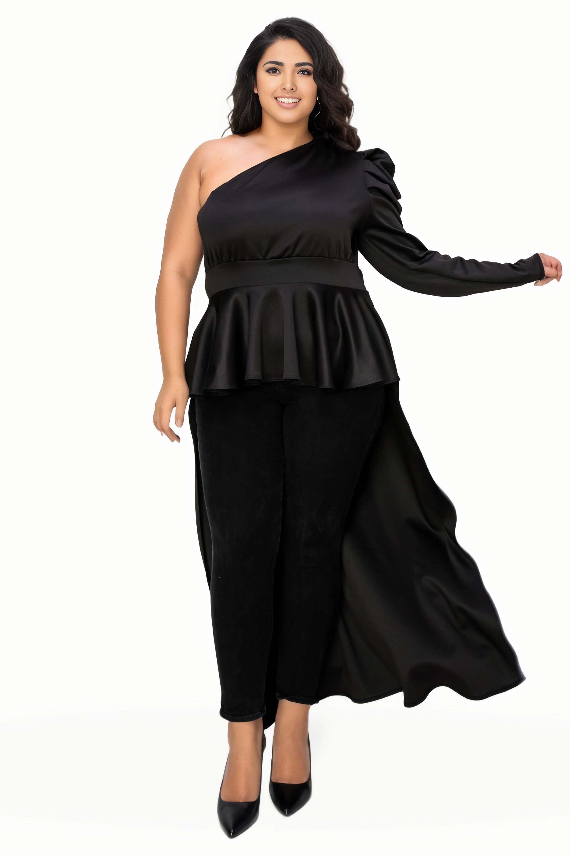 NICOLETTE ONE SHOULDER PEPLUM TOP, Black / Black, hi-res image number 0