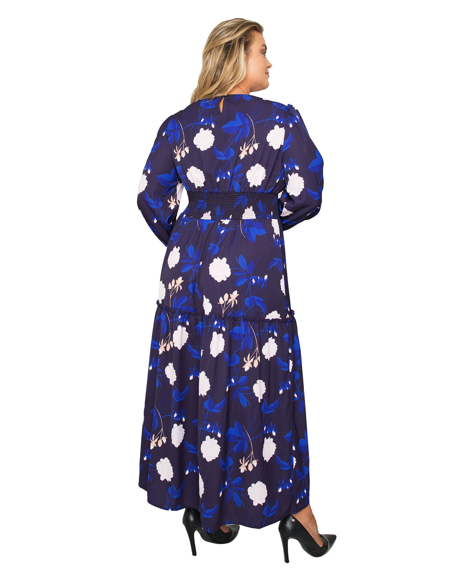 Plus Size Zina Smocked Waist Long Sleeve Maxi Dress, Midnight Blooms Print / Navy, alternate image number 4