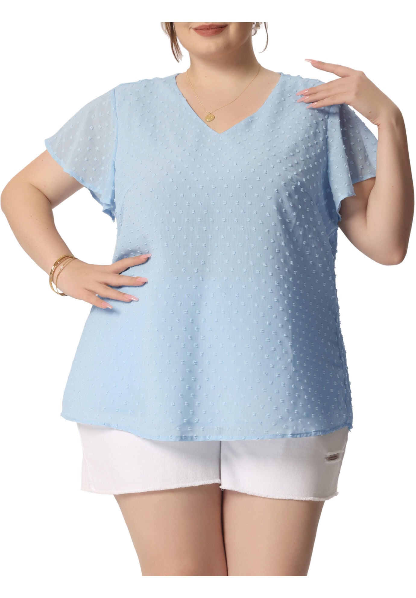 Swiss Dots Blouse V Neck Summer Short Sleeve Casual Top, Sky Blue / Light Blue, alternate image number 2