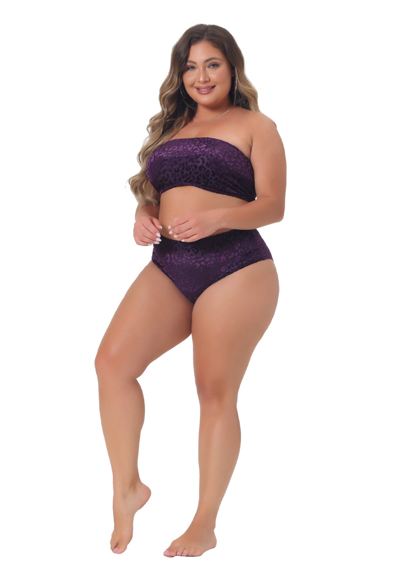 2 Piece Bandeau Bikini Velvet Leopard High Waisted Swimsuit, Purple / Purple, hi-res image number 0