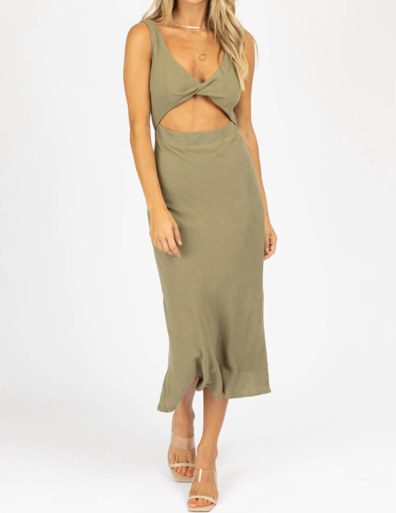COTTON OPEN FRONT TWIST MIDI DRESS IN OLIVE, Olive / Olive Green, hi-res image number 0