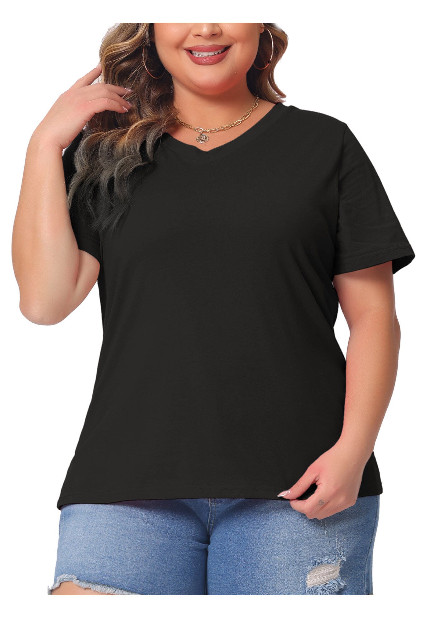 Short Sleeve V Neck Basic T-Shirt Top, Black / Black, alternate image number 2