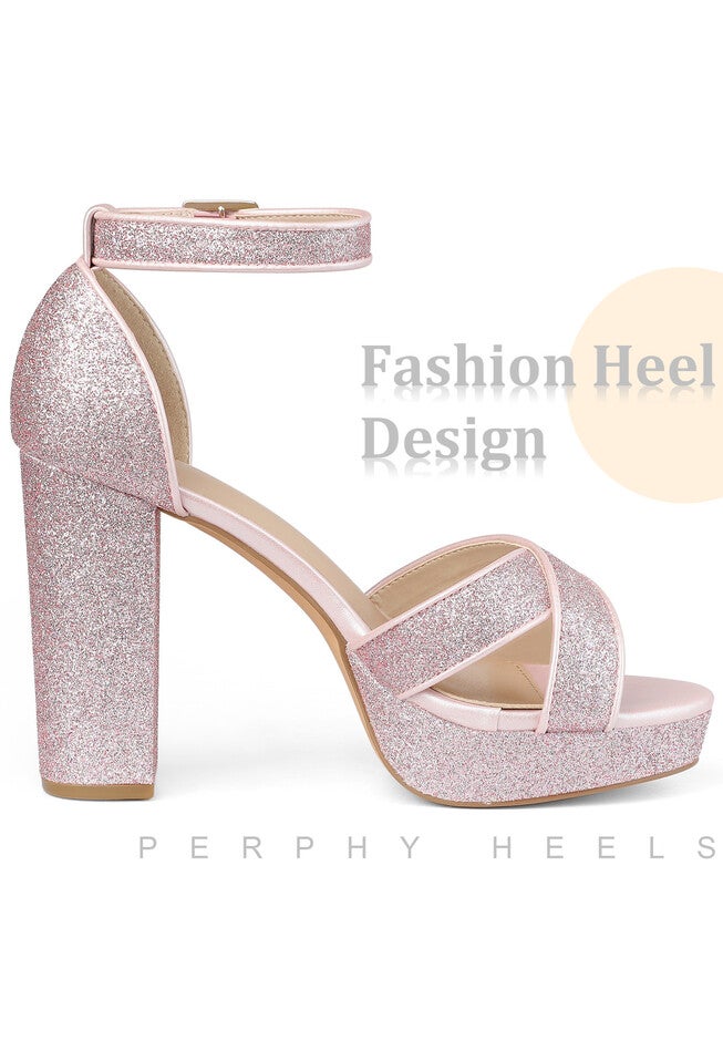 Glitter Platform Crisscross Strap Chunky Heels Sandals, Pink / Pink, alternate image number 3