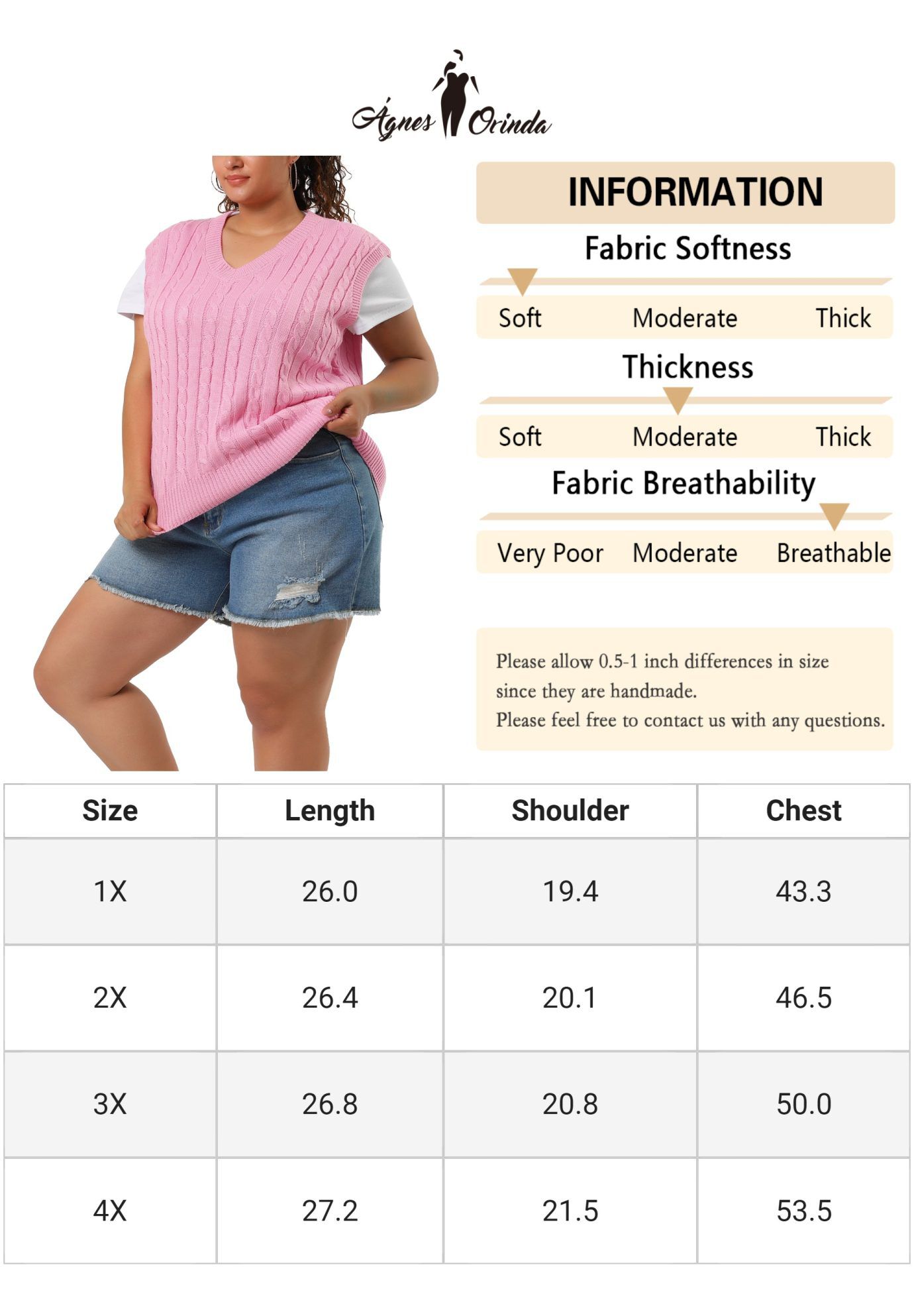 V Neck Cable Knit Sweater Sleeveless Pullover Sweater Vest, Pink / Pink, alternate image number 4