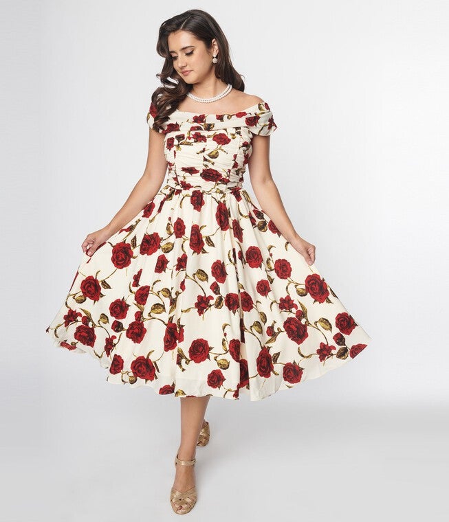 Unique Vintage White & Red Roses Off The Shoulder Tea Length Dress, White Red Roses / White, hi-res image number 0