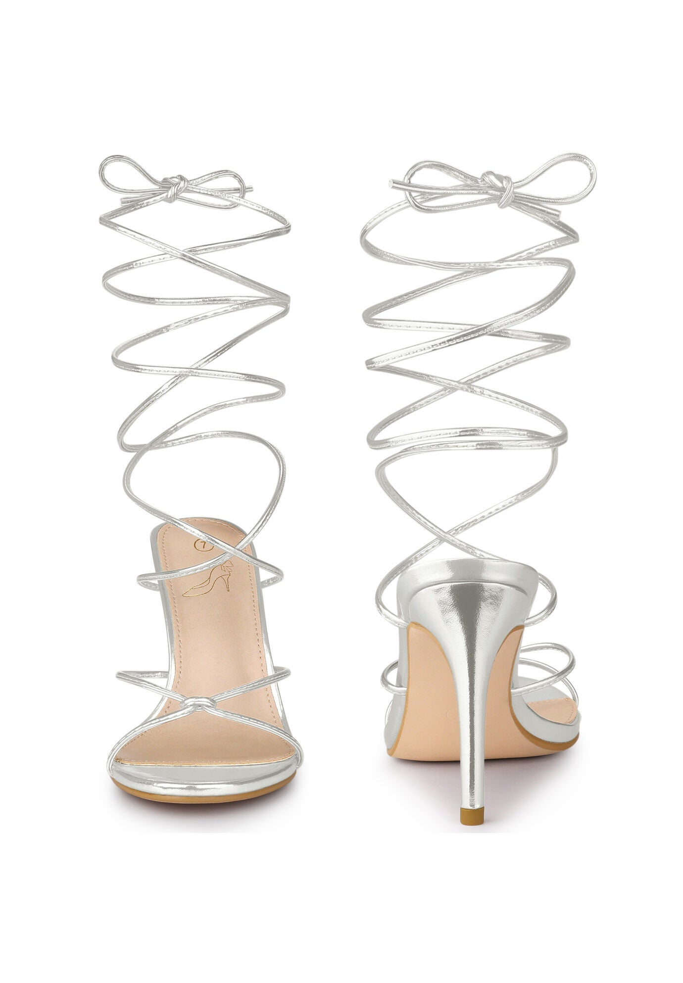 Lace Up Slingback Strappy Stiletto Heels Sandals, Silver / Silver, alternate image number 4