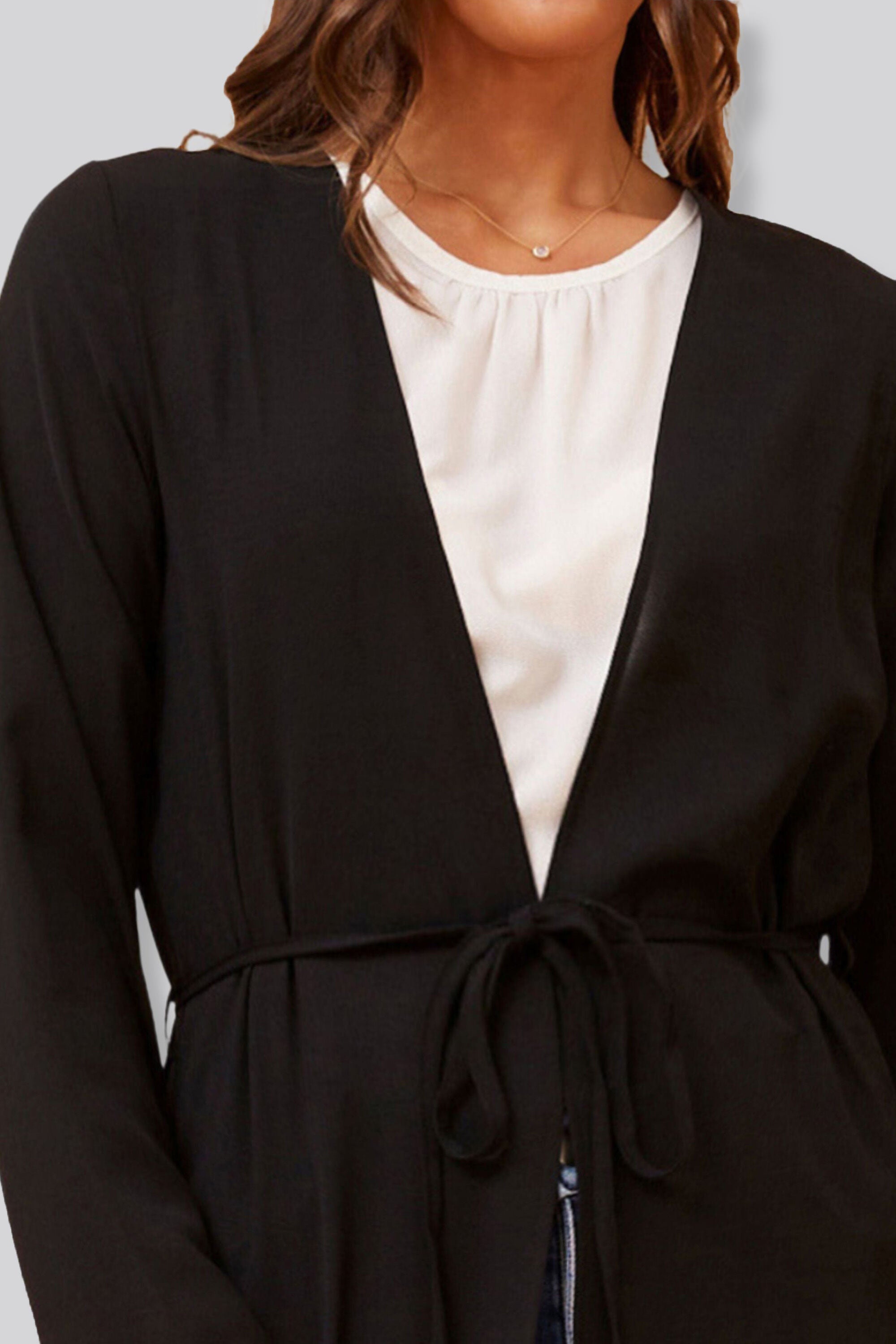 Fanny Long Woven Cover-Up Maxi Cardigan Open Tie Front, Black / Black, alternate image number 2