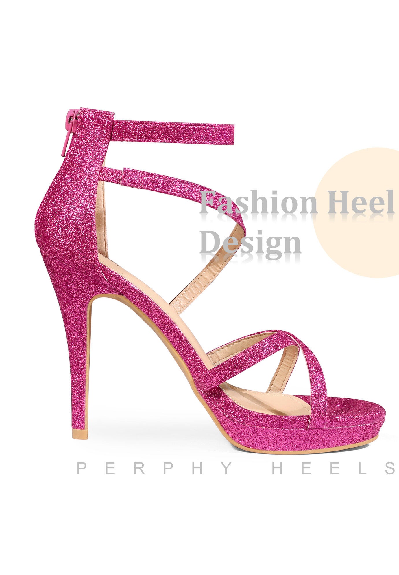 Platform Glitter Strappy Stiletto Heels Sandals, Hot Pink / Deep Fuchsia, alternate image number 3