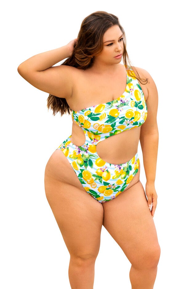 One Piece Swimsuit- Lemons, Citrus Print / White, hi-res image number 0