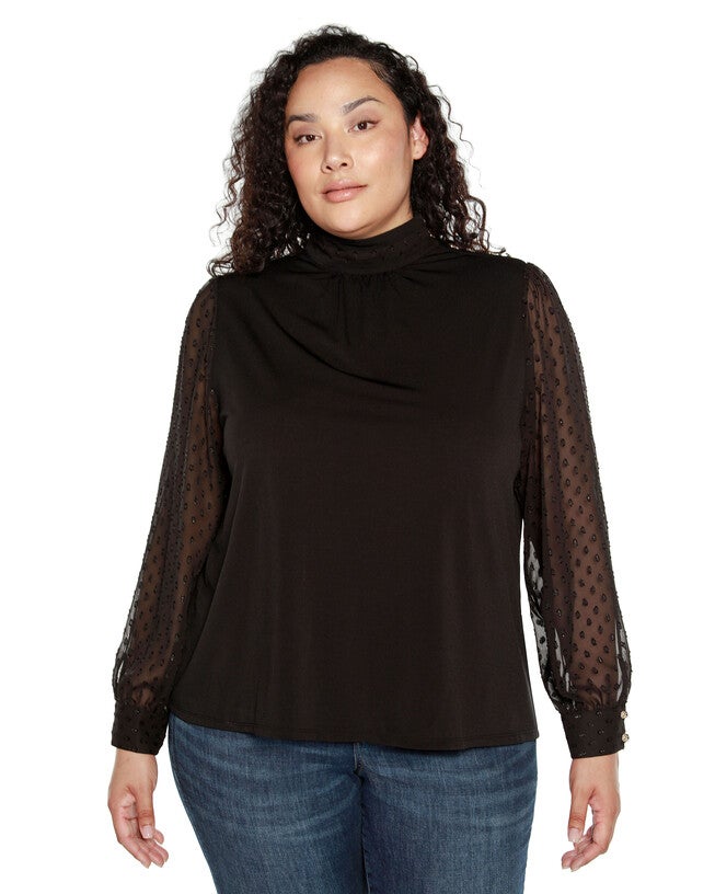 CLIP-DOT CHIFFON SLEEVE KNIT BLOUSE, Black / Black, hi-res image number 0