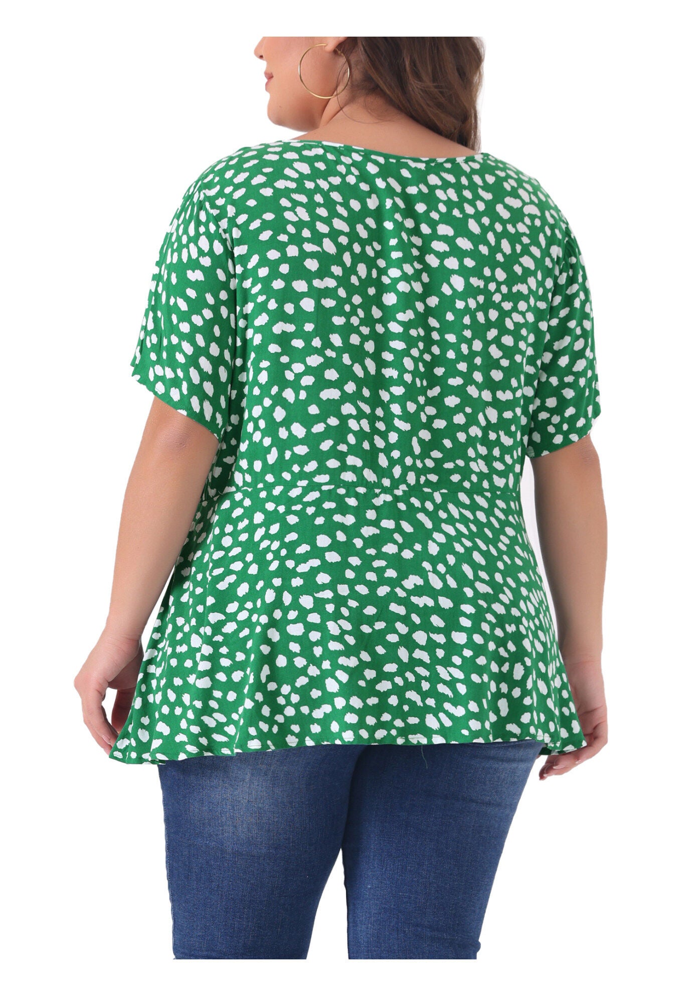 Polka Dots Crew Neck Short Sleeve Peplum Top, Dark Green / Hunter Green, alternate image number 3