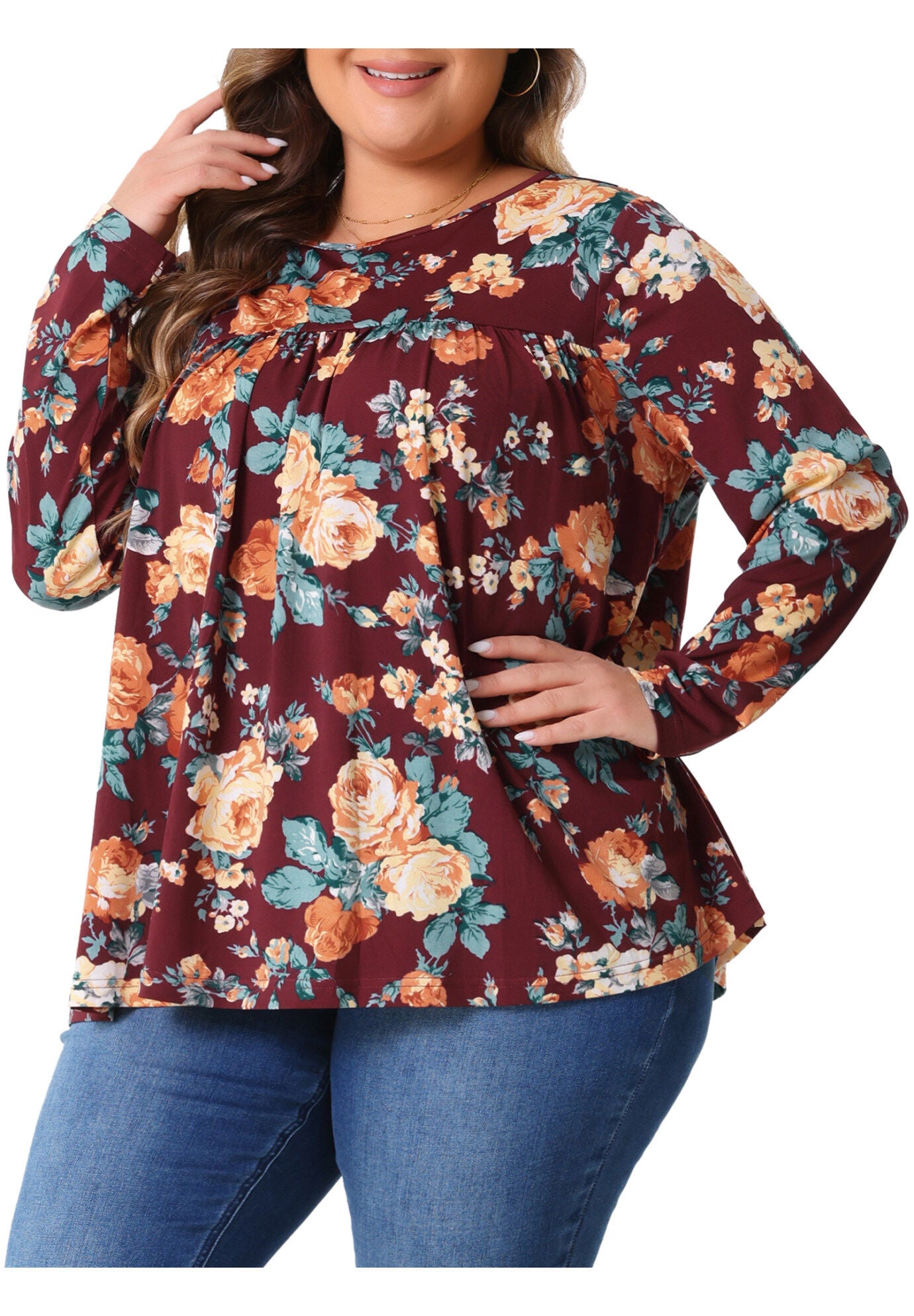 Long Sleeve Tunic Pleated Crew Neck Blouse, Burgundy / Red, alternate image number 1