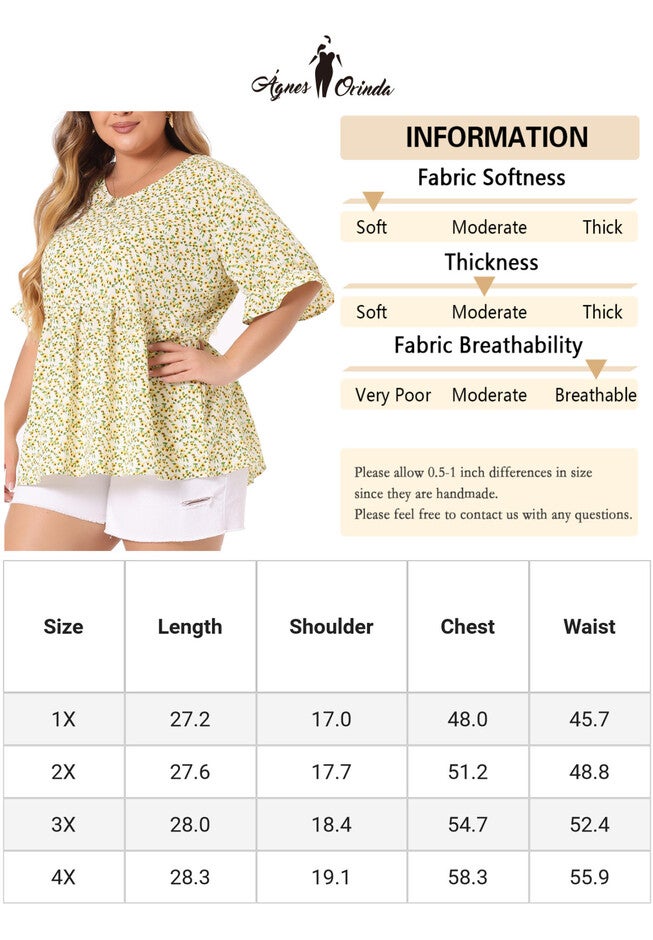 Floral Peplum Top V Neck Ruffle Short Sleeve Babydoll Blouse, Light Yellow / Light Yellow, alternate image number 4