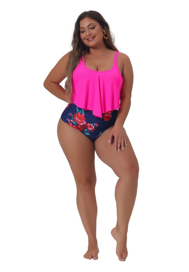 Bikini Swimsuit Floral Print High Waist Ruched 2 Piece Set, Hot Pink / Deep Fuchsia, hi-res image number 0