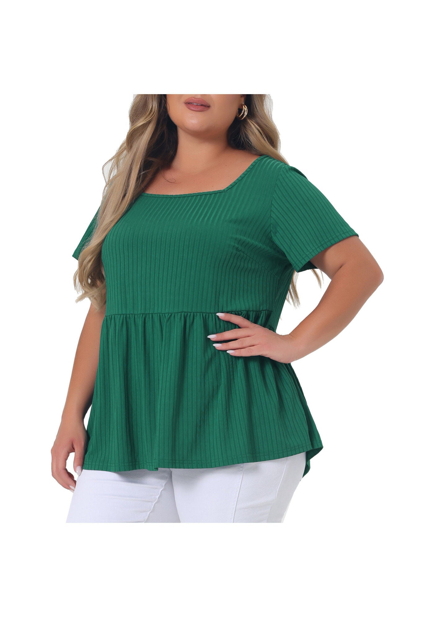 Babydoll Top Summer Peplum Short Sleeve Summer Oversized Tunic Blouse, Green / Forest Green, alternate image number 1