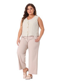 Sleeveless Button Down V Neck Crop Waistcoat Linen Vest