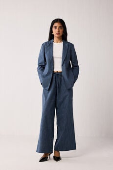 Weekday Blazer and Wide-leg Drawstring Pants Set in Blue Stripes