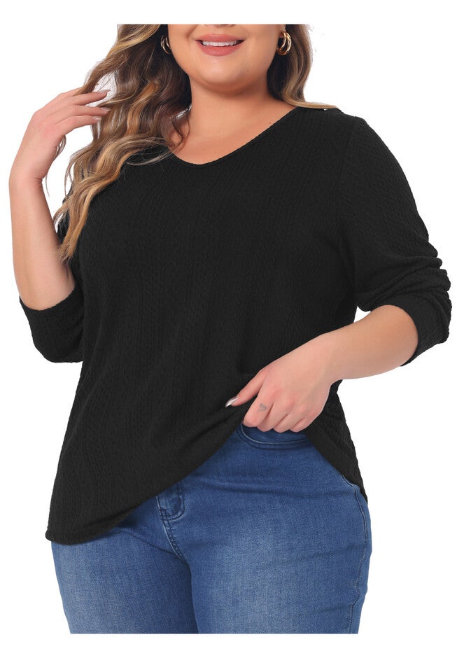 V Neck Long Sleeve Basic Knit Top Tee T-Shirt, Black / Black, alternate image number null