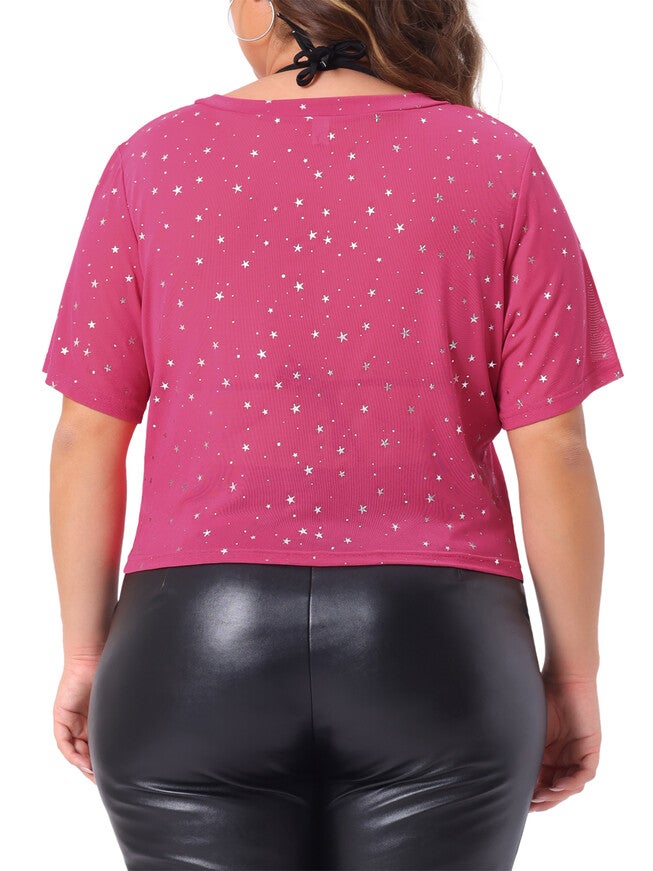 MESH TOP GLITTER SILVER STAR SHEER SEE THROUGH SHORT SLEEVE SHORT TEE, Hot Pink / Pink, alternate image number 3