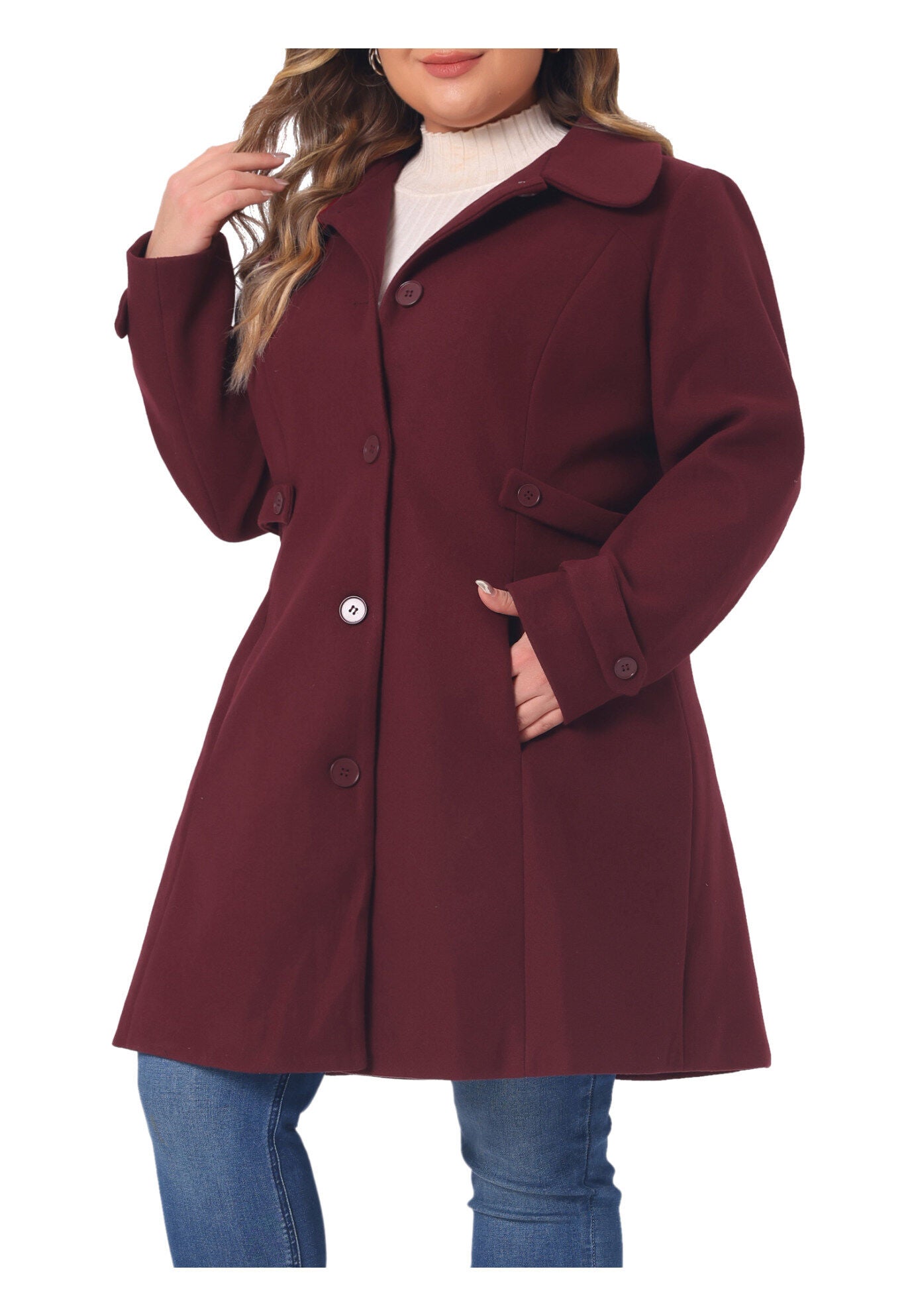 Peter Pan Collar Cuff Single Breasted Trench Long Coat, Burgundy / Red, alternate image number 1