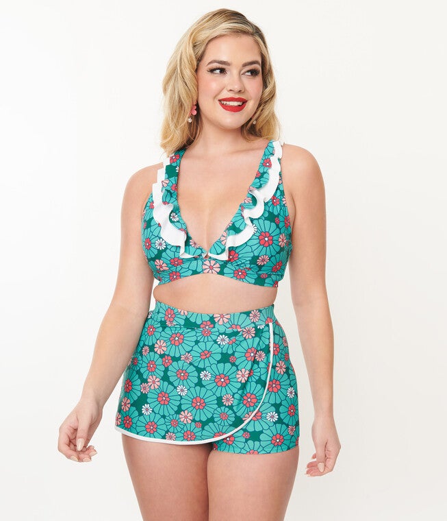 Unique Vintage Teal Flower Child Halter Swim Top, , alternate image number null
