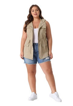 DRAWSTRING LIGHTWEIGHT SLEEVELESS CARGO HOODED ANORAK UTILITY VEST