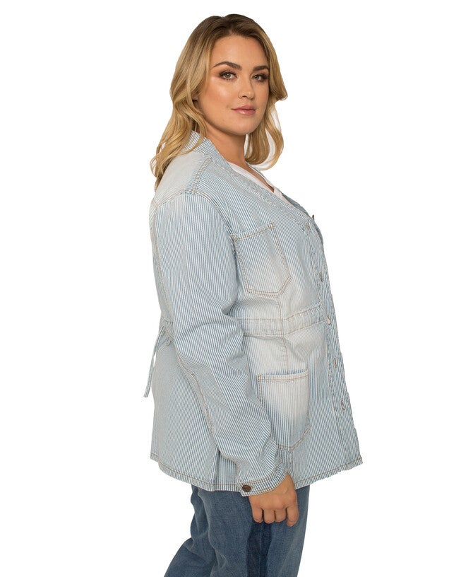 Marie Plus Size Pinstripe Denim Collarless Jacket, , alternate image number null