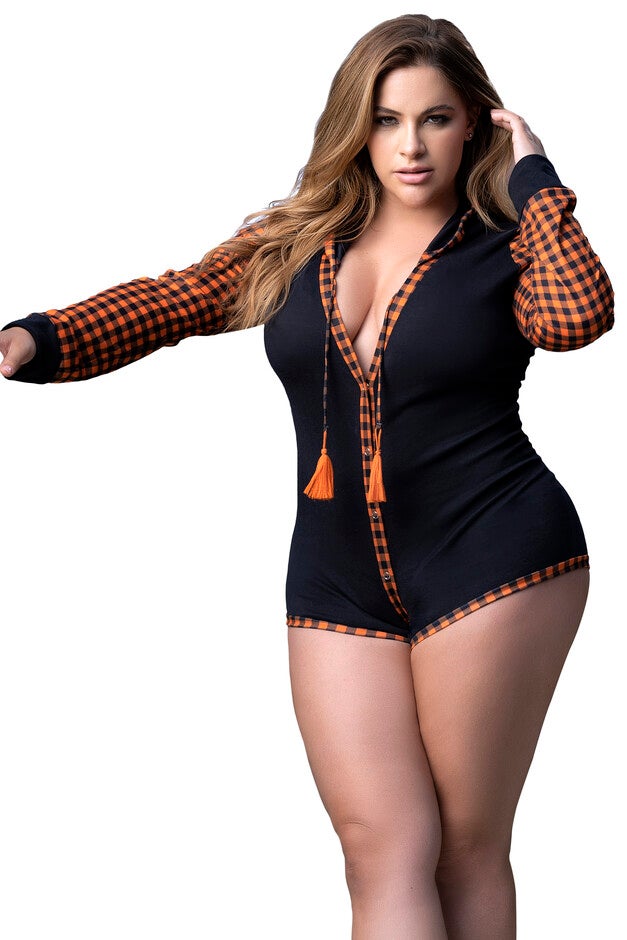 Kayla Tassel Sleep Romper, BlackOrange Ginham / Black, hi-res image number 0