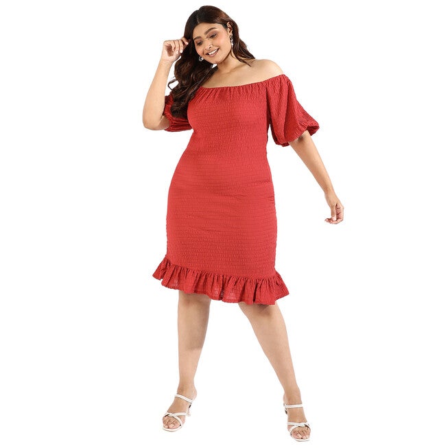 Women Solid Off Shoulder Dresses, Red / Red, hi-res image number 0