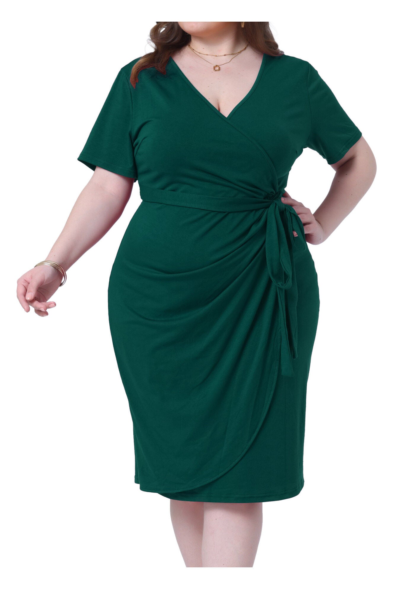 V Neck Ruched Wrap Belted Bodycon Midi Dress, Dark Green / Forest Green, alternate image number 2