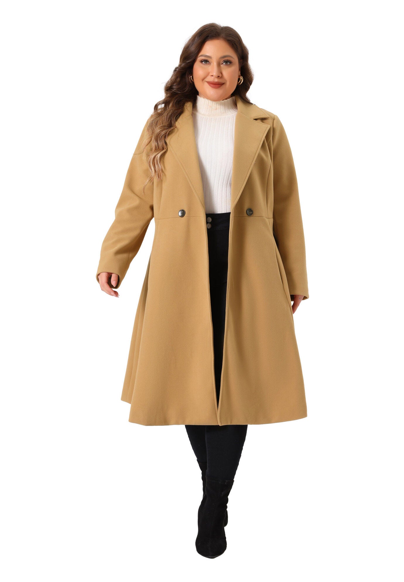 Notch Lapel A Line Double Breasted Trench Dress Pea Coat, Camel / Brown, hi-res image number 0