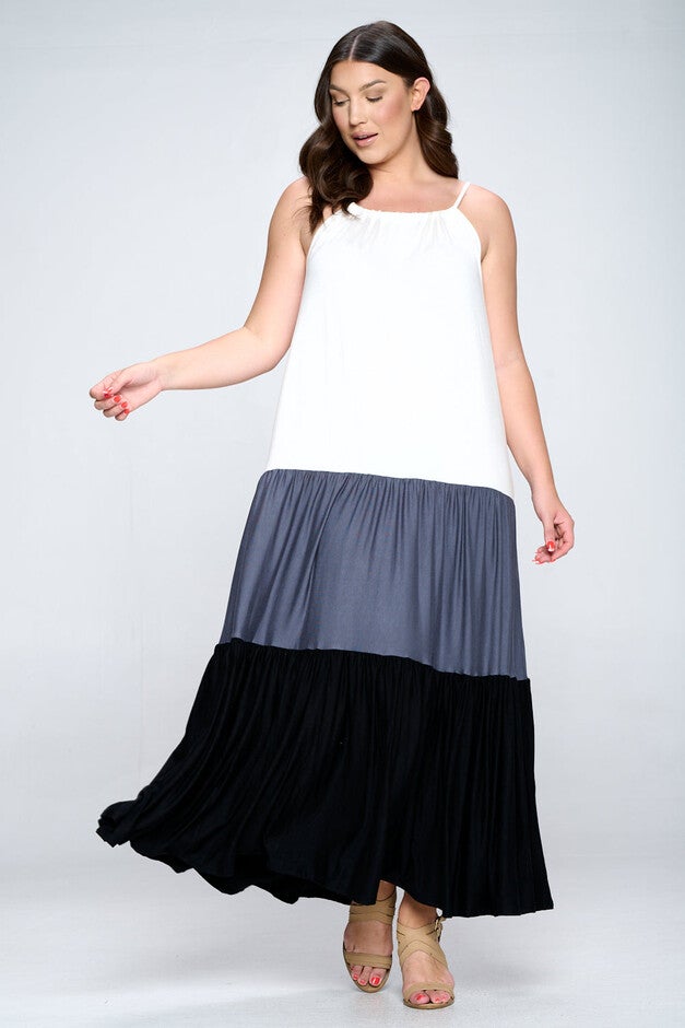 COLORBLOCK CAMI NECK MAXI DRESS, IvoryDk GreyBlack / Ivory, alternate image number null
