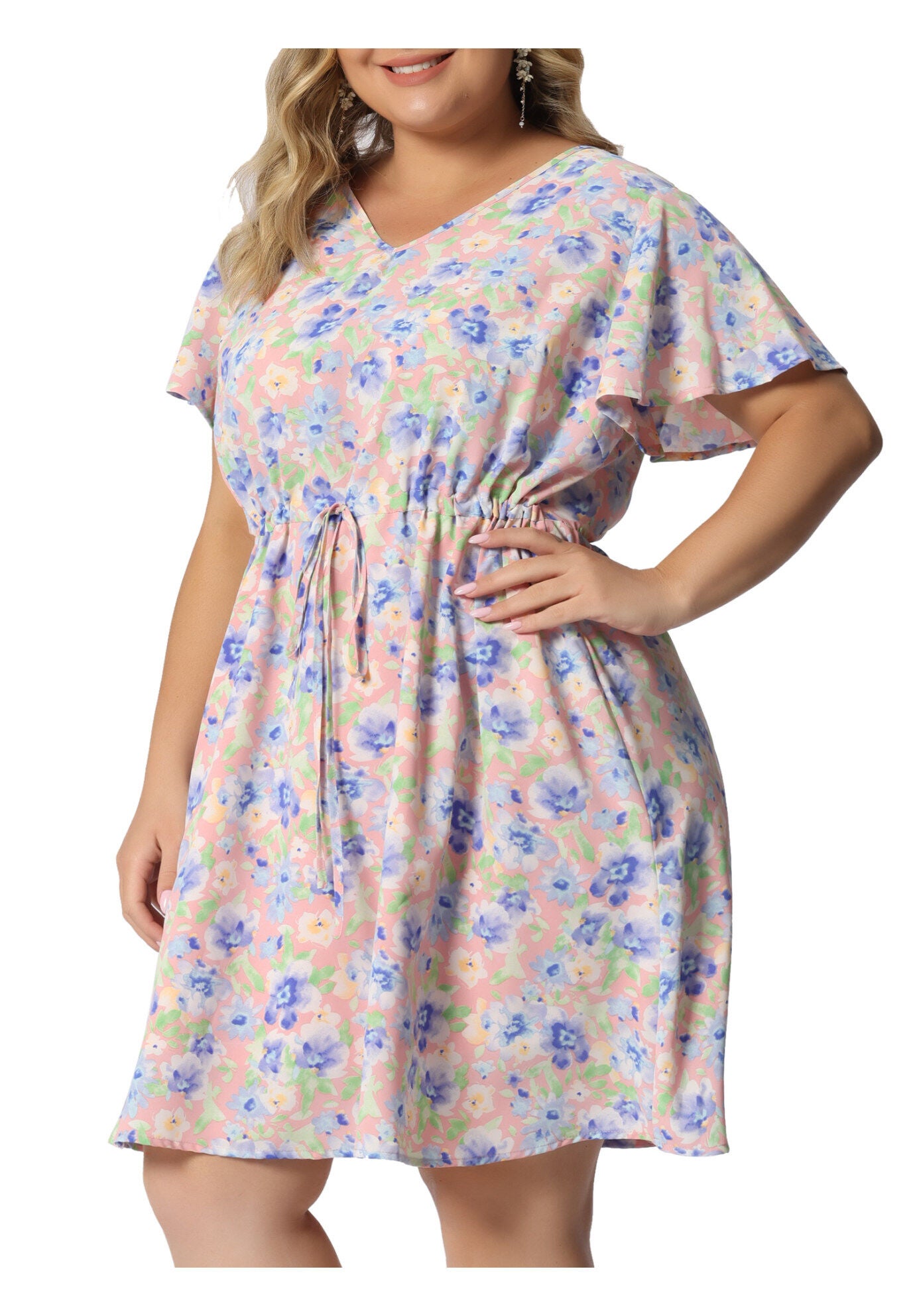 Floral Drawstring Waist V Neck Dress, Pink / Pink, alternate image number 1