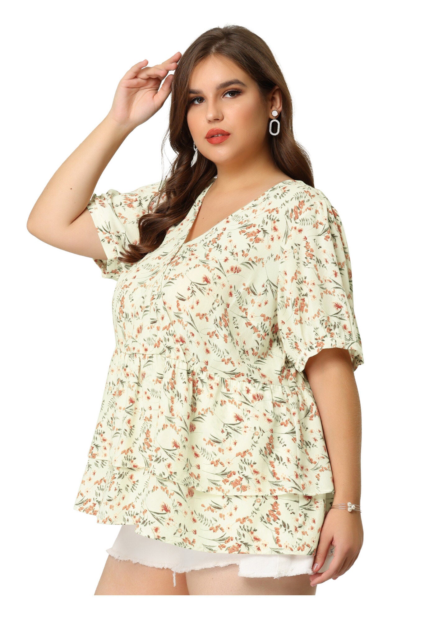V Neck Short Sleeve Layered Peplum Top Summer Floral Blouse, White / White, alternate image number 3