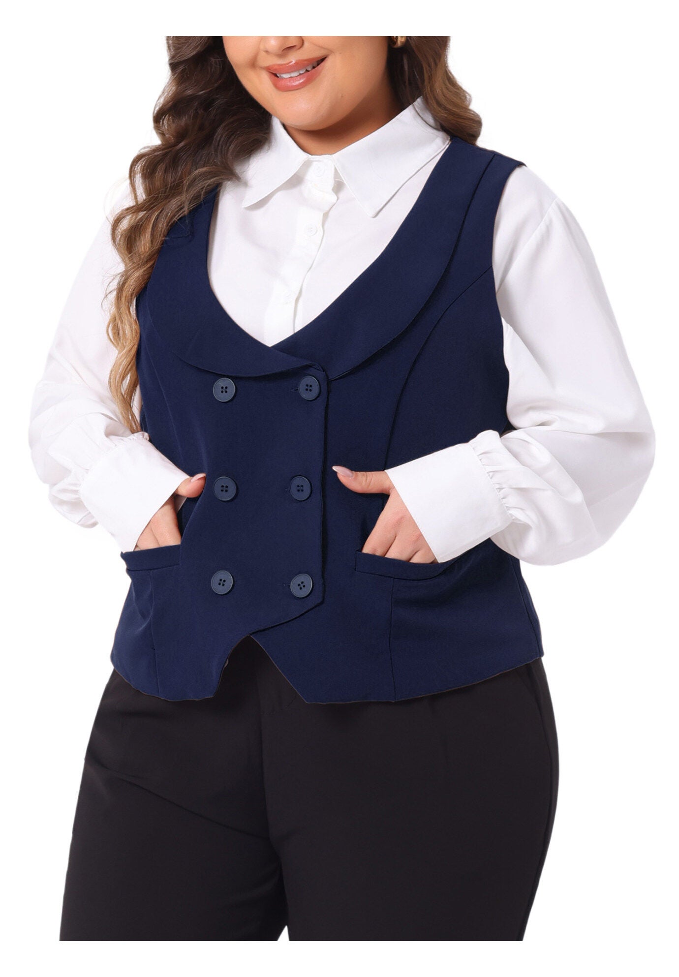 DOUBLE BREASTED LAPEL COLLAR DRESSY WAISTCOAT SUIT VEST, Navy Blue / Navy, alternate image number 3