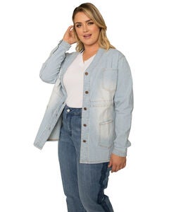 Marie Plus Size Pinstripe Denim Collarless Jacket