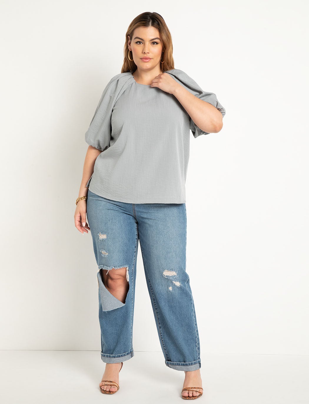 Puff Sleeve Textured Rayon Top, Slate Blue / Cobalt, alternate image number 2