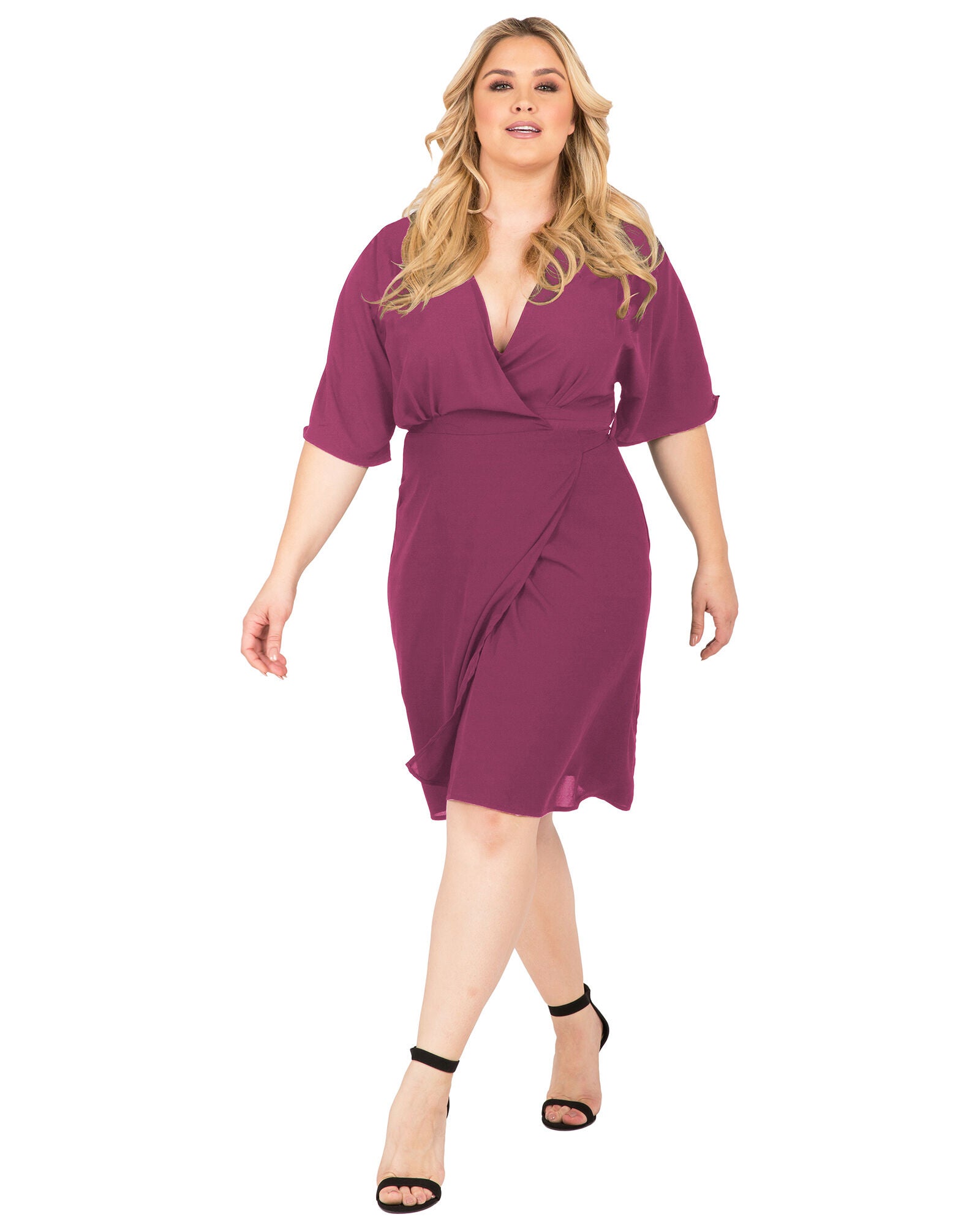 Plus Size Candice V-Neck Kimono Wrap Midi Dress, Rose / Red, hi-res image number 0