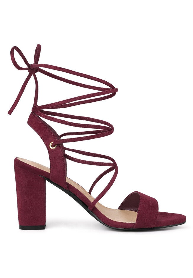 Lace Up Slingback Block High Heels Sandals, Burgundy / Burgundy, alternate image number null