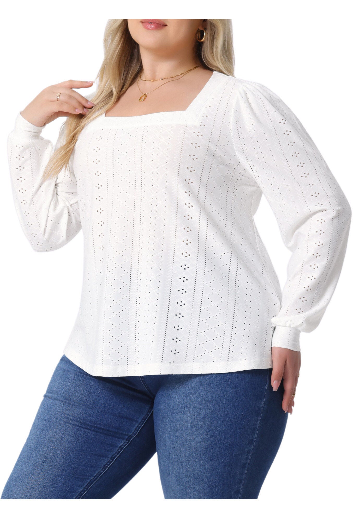 Square Neck Hollow Long Sleeve Eyelet Blouse, White / White, alternate image number 1