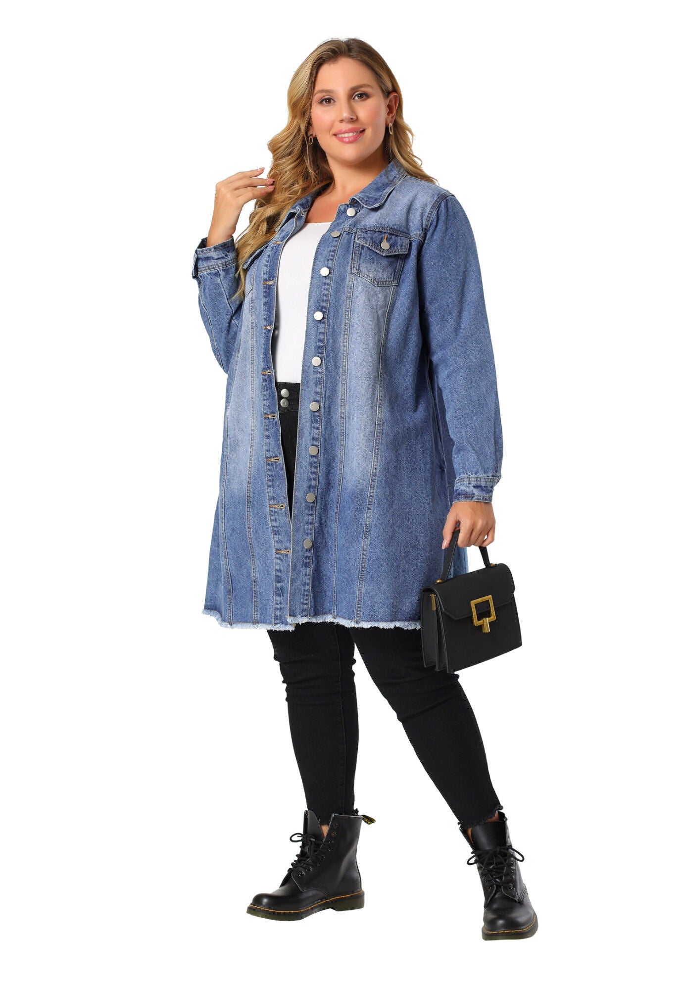 DISTRESSED BUTTON UP POCKET LONG DENIM JACKET, Blue / Royal Blue, hi-res image number 0