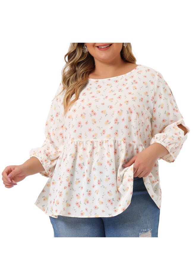 Floral Blouse Cut Out 3/4 Sleeve Babydoll Peplum Top, White Red / White, alternate image number 2