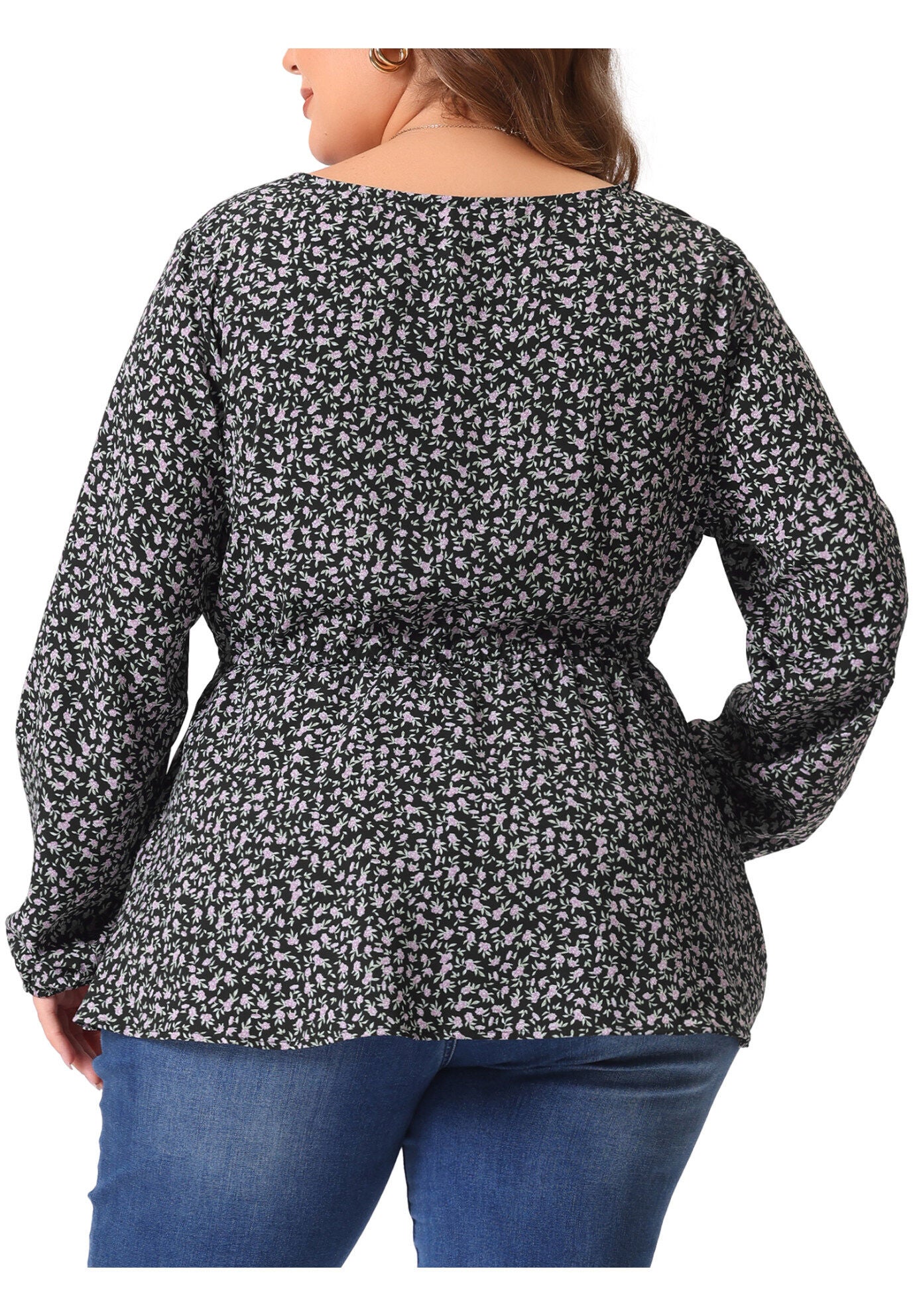 Floral Print Long Sleeves Belt Tie Ruffle Casual Peplum Top, Purple / Purple, alternate image number 3