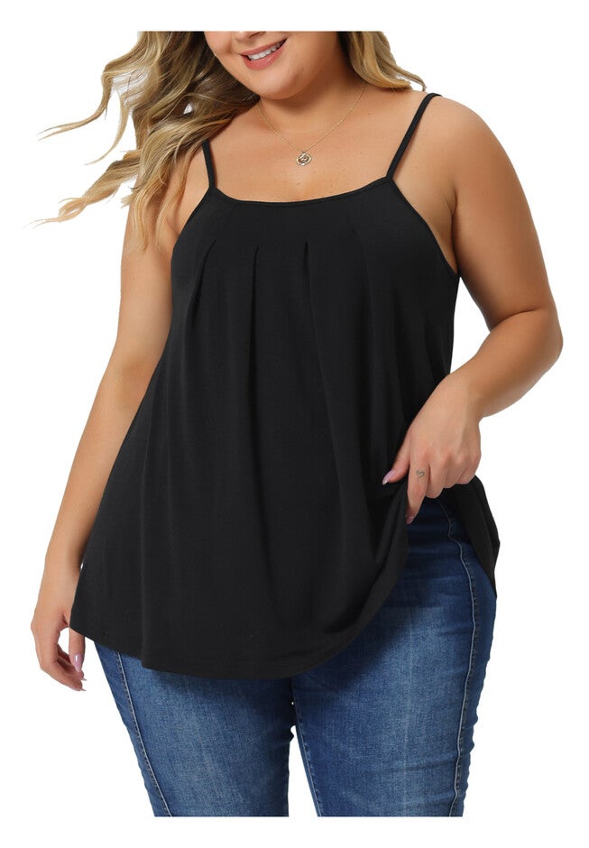 PLEATED SLEEVELESS LOOSE CAMISOLE TANK TOP, Black / Black, alternate image number 2
