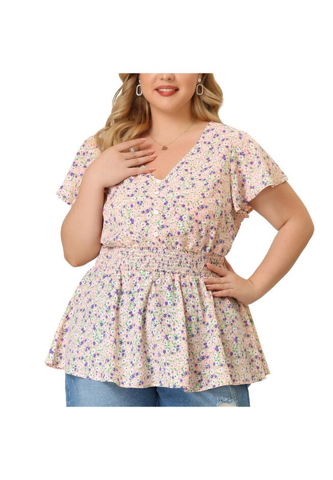 Button V Neck Smocked Waist Flare Short Sleeve Peplum Floral Blouse, Pink / Pink, alternate image number 2